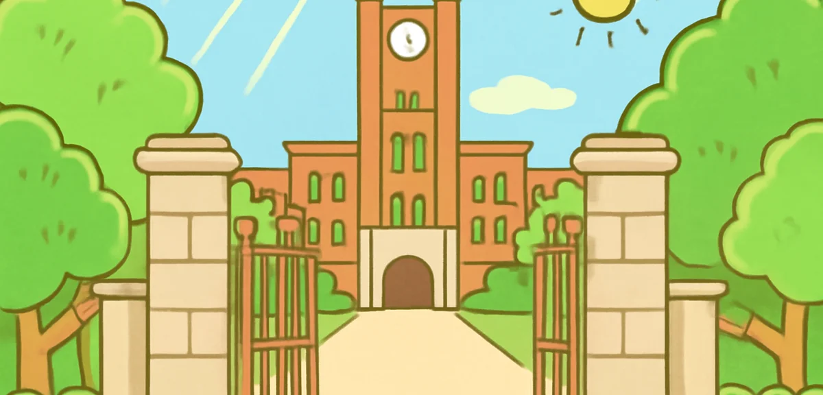 A large national Japanese university with stone gates and historic buildings in midsummer, lush gree