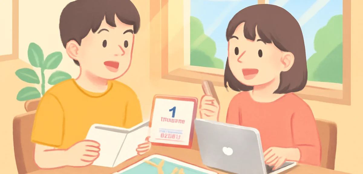 Young Japanese university students planning their two-month summer break at a cafe table with notebo