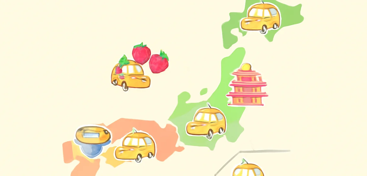 A map of Japan with regional highlights and small driving school car icons on each area, infographic