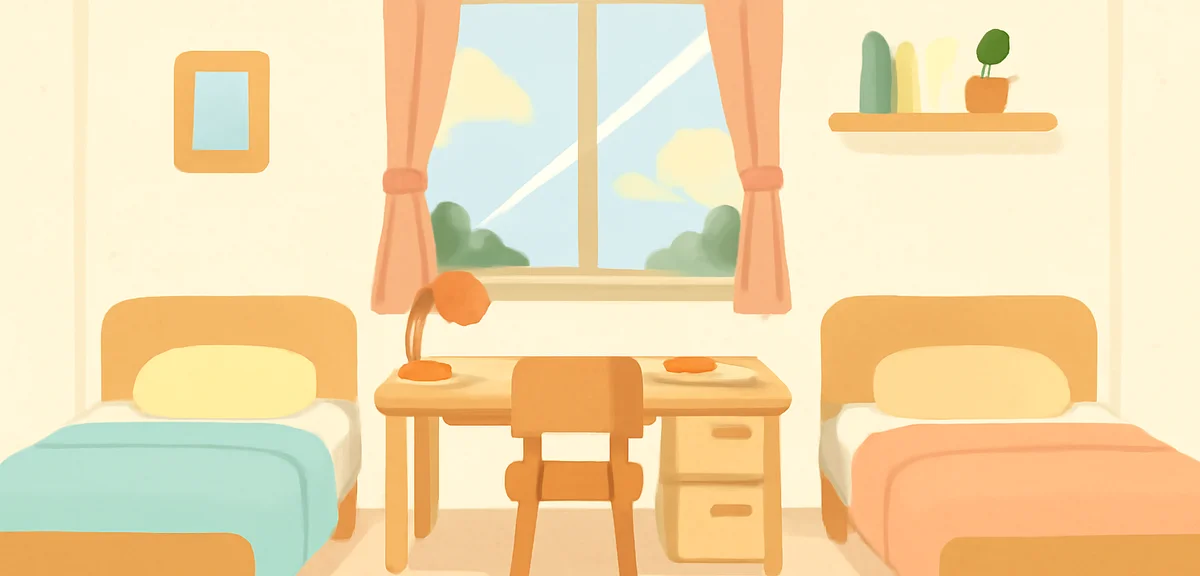 A neat dormitory room for driving camp students with two single beds and a study desk, summer light
