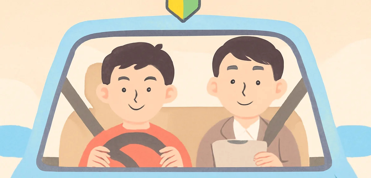 A young learner driver holding a steering wheel inside a training car with an instructor beside, cal