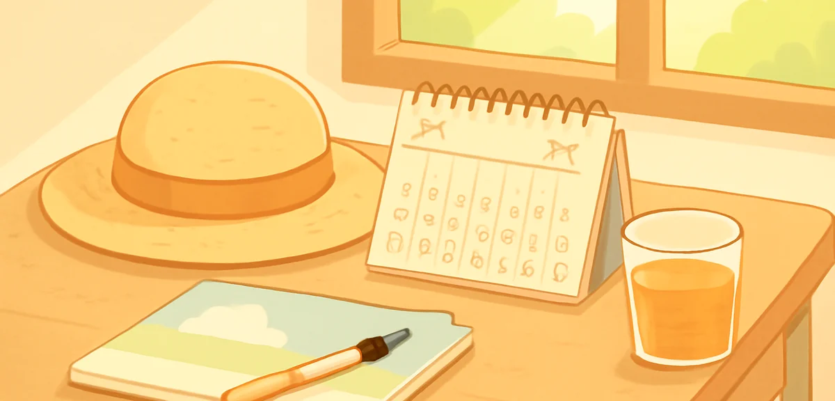 A wooden Japanese school desk with an open calendar showing late July to August, a straw hat, a wate