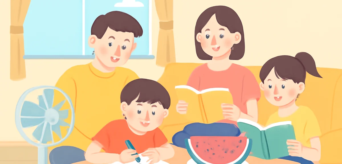 A family of four enjoying a summer afternoon in a Japanese living room, mother and father with two e