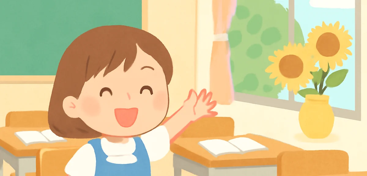 A cheerful elementary school classroom on the first day of the second term, desks with new notebooks