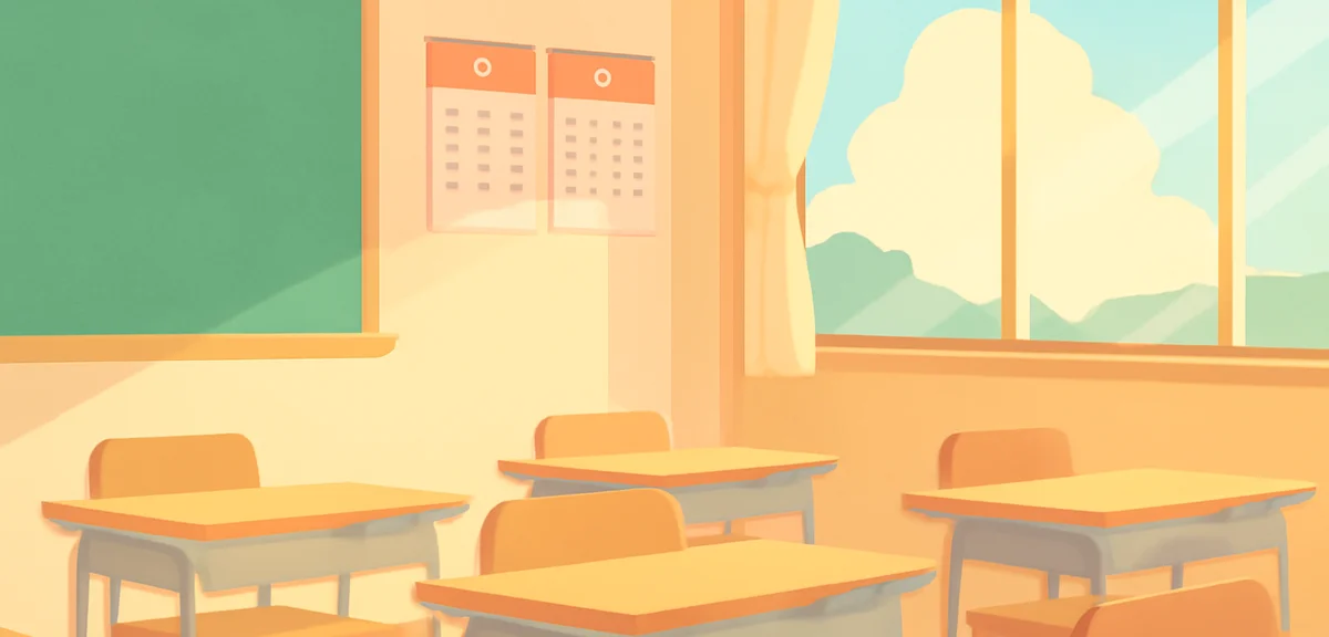 A Japanese high school classroom with empty desks and a calendar on the wall showing July and August