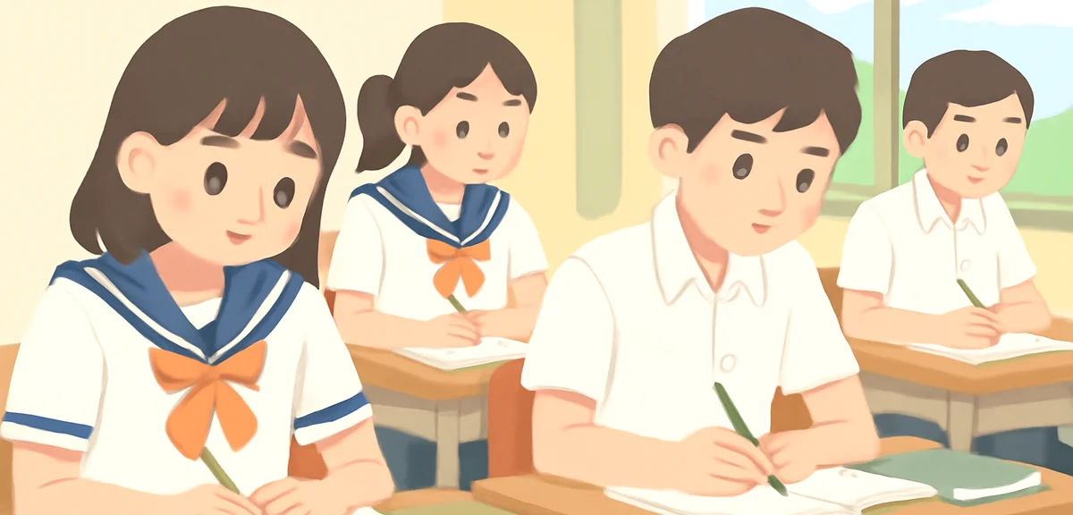 Japanese high school students attending a summer cram session in a classroom, taking notes, focused 