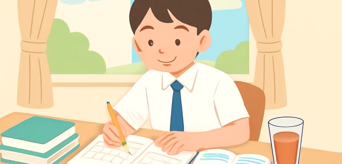 A high school student studying at a desk at home with a planner, textbooks, and a glass of barley te