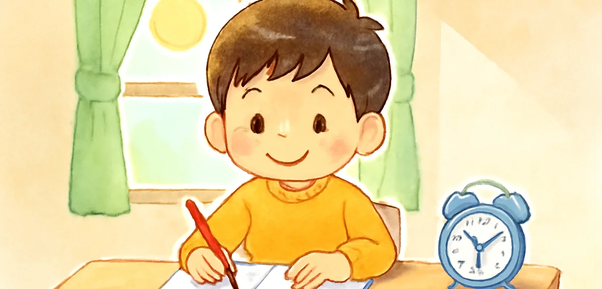 A Japanese elementary school child happily writing in a study notebook in the morning, with a small
