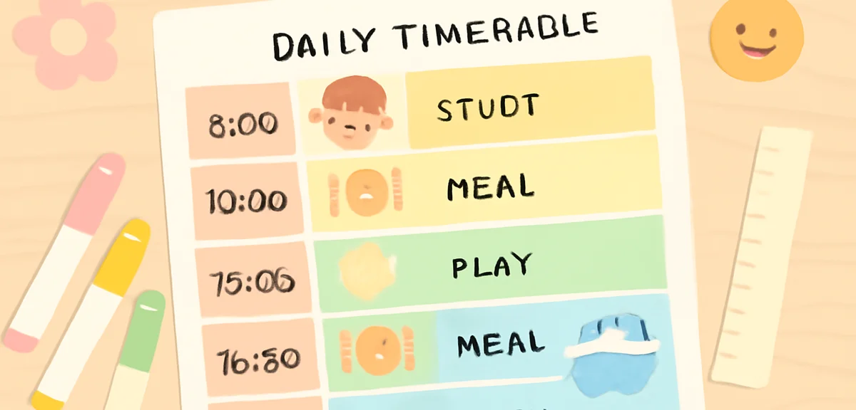 A clean and organized daily timetable chart on a wooden desk, with colorful markers, stickers, and a