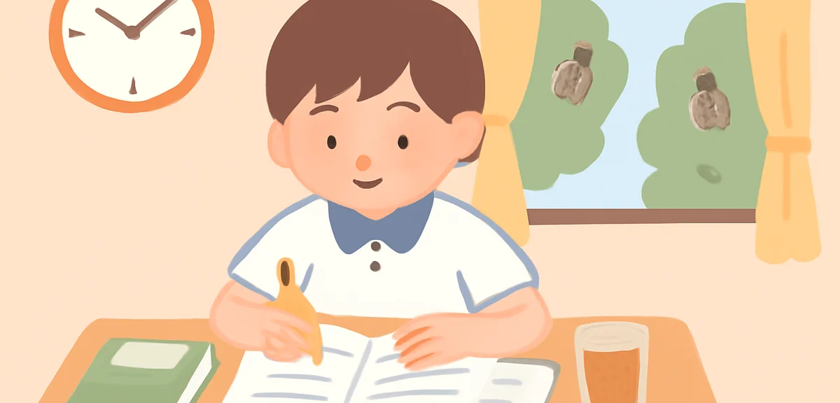 A Japanese middle school student studying at a tidy desk in the afternoon, with textbooks open and a
