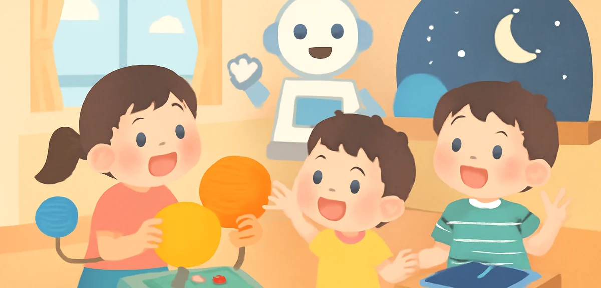 Japanese children excitedly exploring a summer science museum exhibition with interactive displays,
