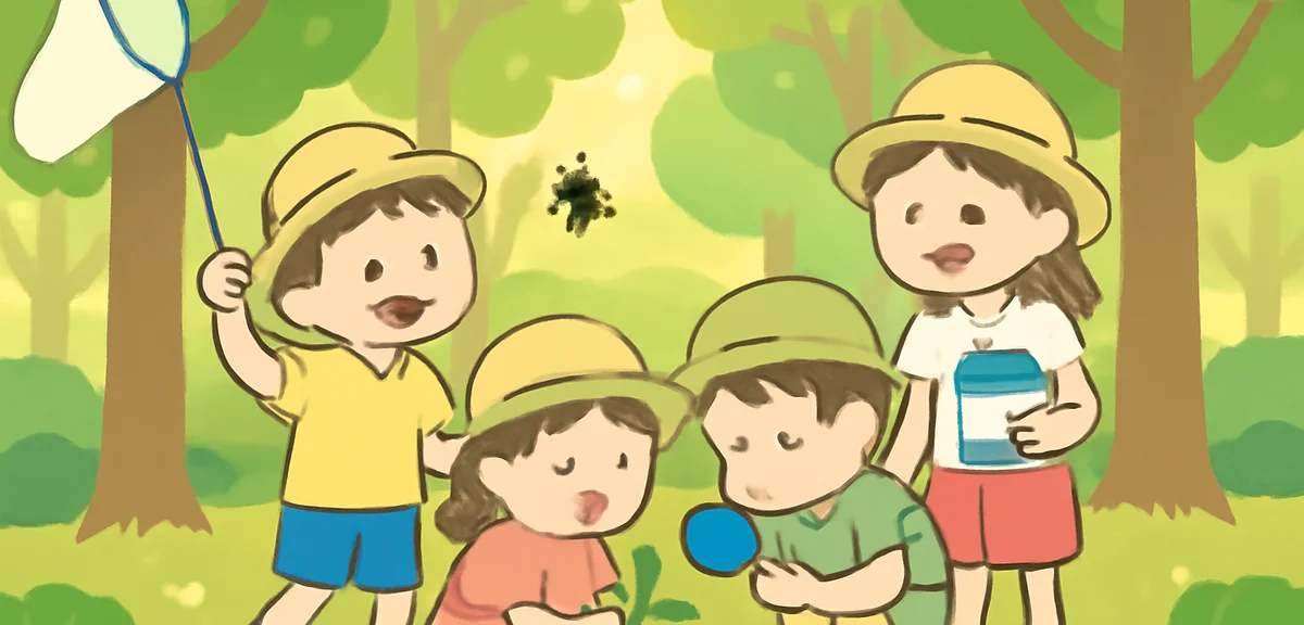 Children participating in an outdoor nature workshop in a Japanese forest during summer, catching in