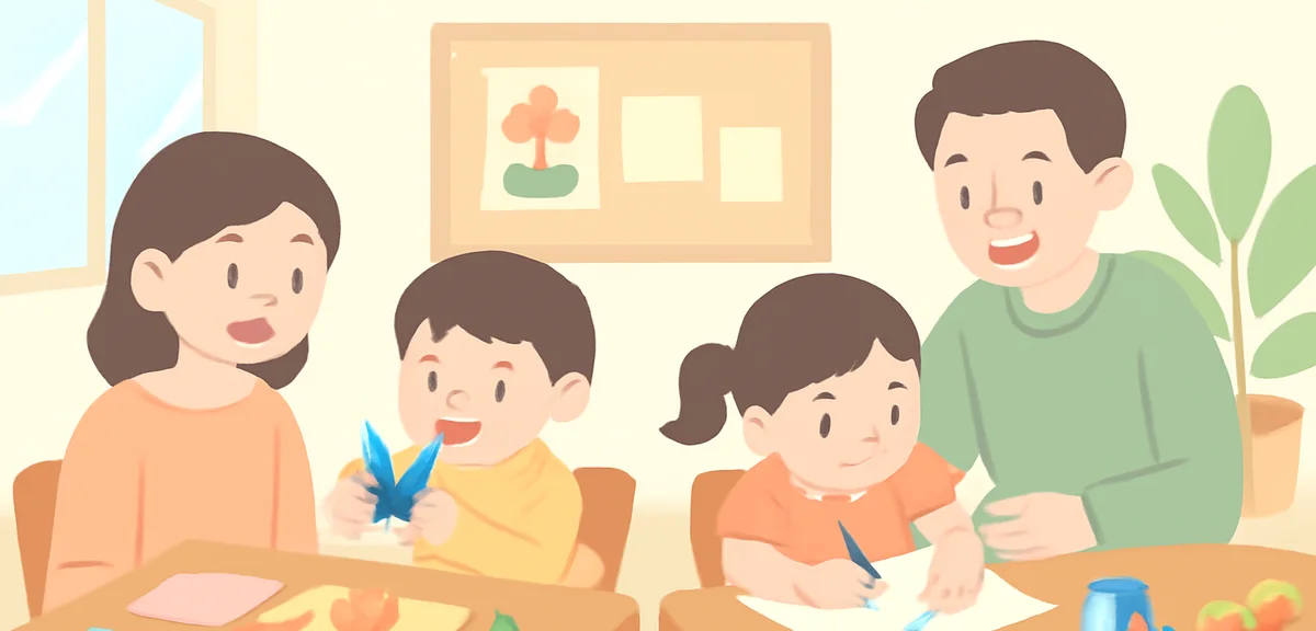 A free public summer event at a Japanese community center, kids doing craft activities at tables wit