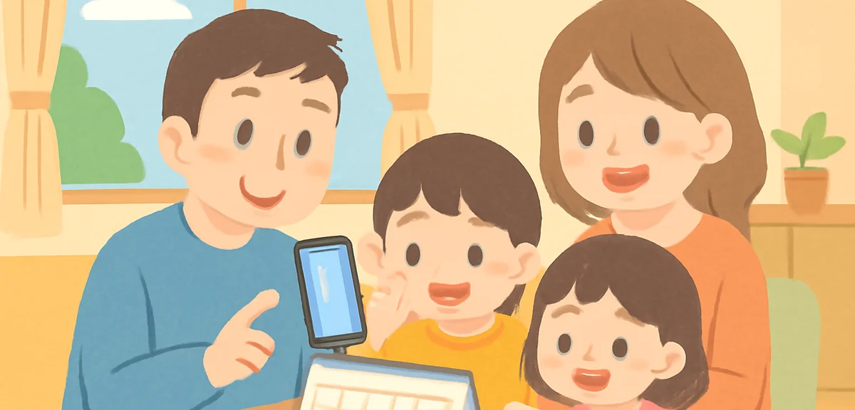 Family with elementary school children checking event reservation on smartphone and calendar at home