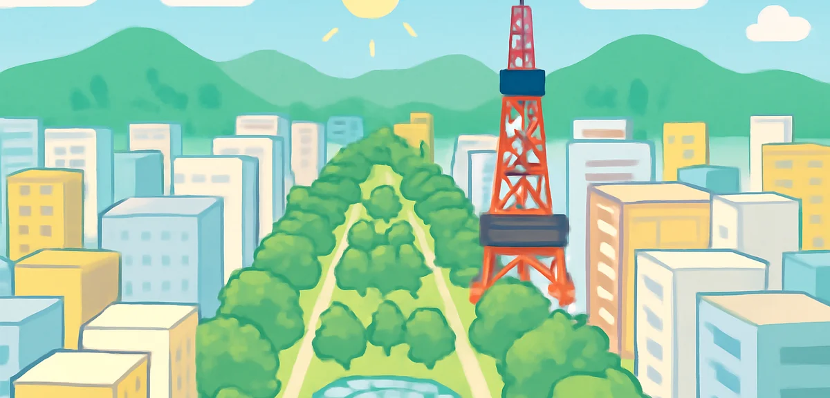 Aerial view of Sapporo city in summer with Odori Park greenery and TV Tower, surrounded by mountains