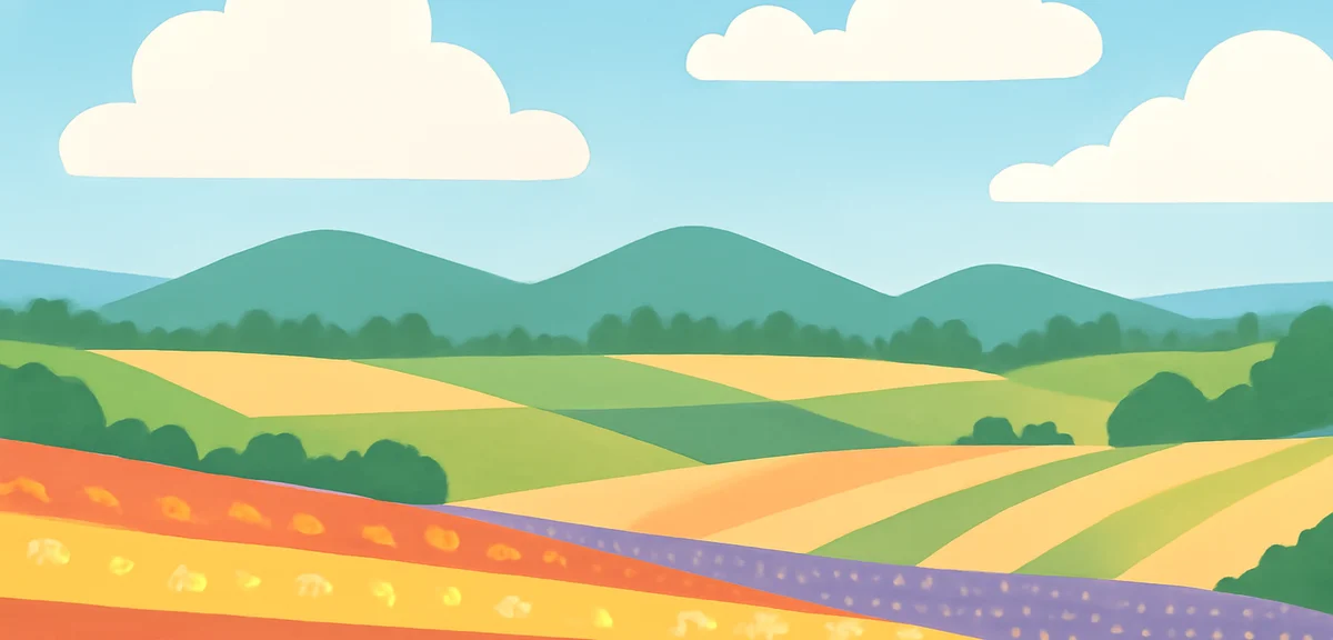 Rolling hills of Biei in summer with colorful flower fields, patchwork farmland, blue sky with white