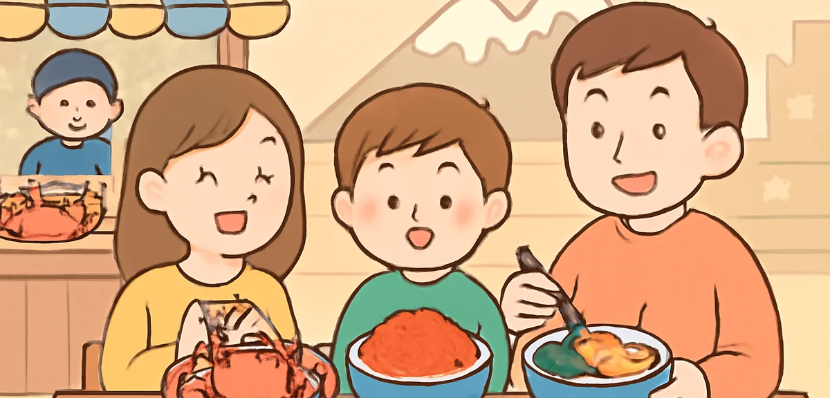 Family enjoying a fresh seafood meal at a Hokkaido market with crab, sea urchin, and salmon roe rice