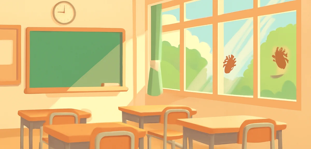 An empty Japanese elementary school classroom on the last day before summer vacation, sunlight strea