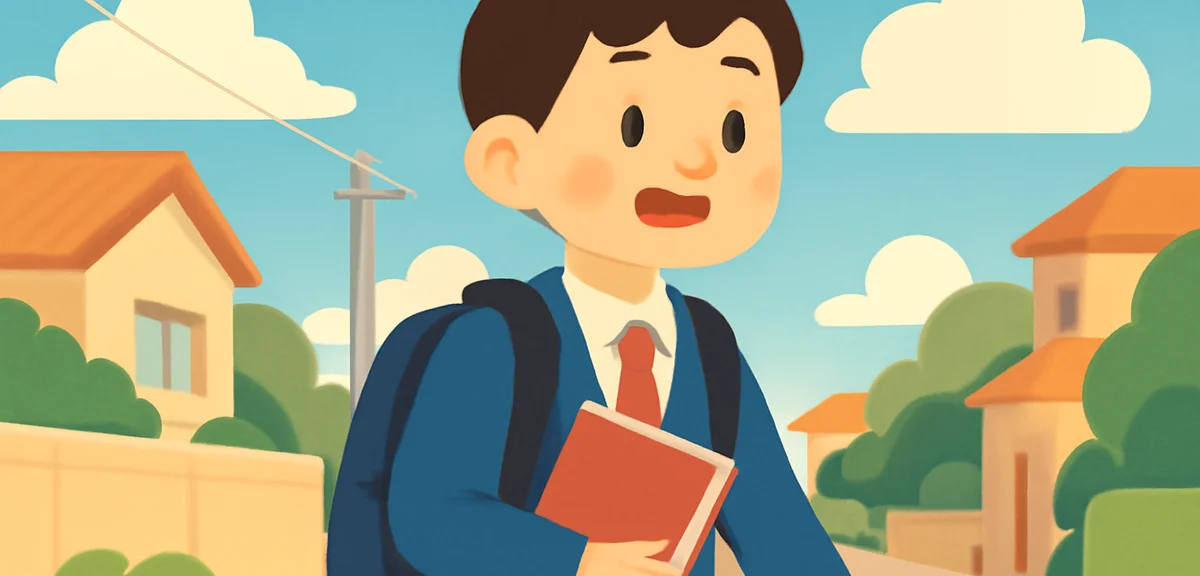 A Japanese high school student walking home with a backpack and a workbook, summer afternoon, blue s