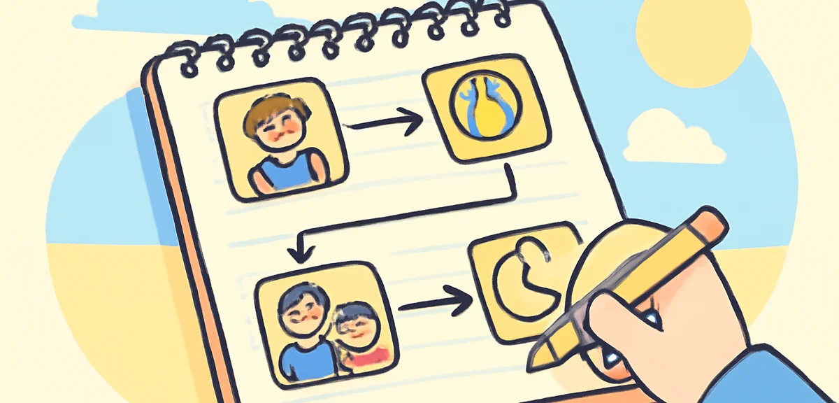 Flat illustration of a step-by-step planning process on a notebook with icons of study, play, sleep,