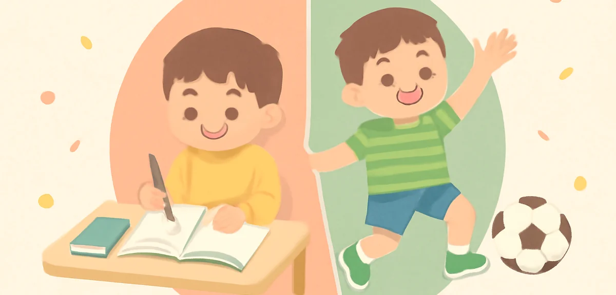 Pie chart style illustration showing balance between study and play time for elementary school child