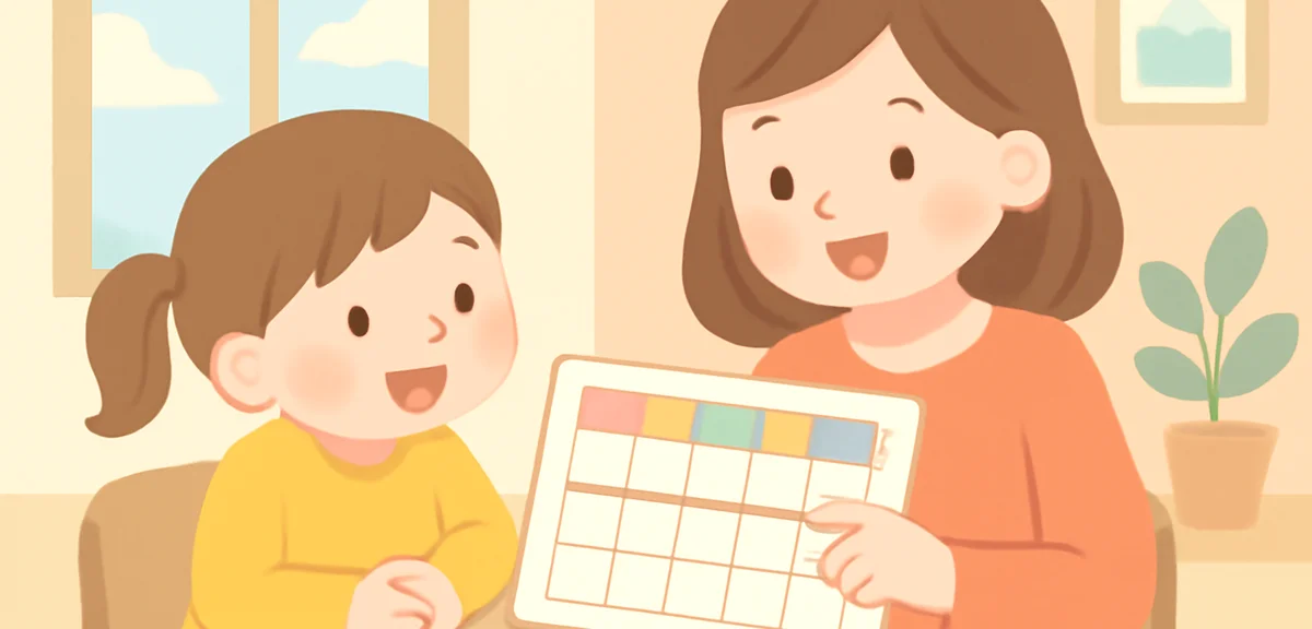 Illustration of a Japanese parent and child discussing a weekly schedule together at home, warm atmo