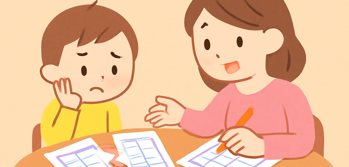 Illustration of a child looking puzzled at a broken schedule, with a parent gently helping rewrite i