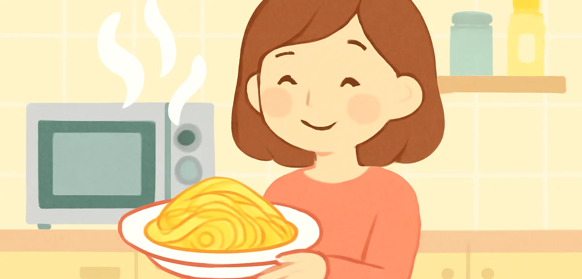 電子レンジから取り出したばかりの温かいパスタ皿。湯気が立ち、シンプルで明るいキッチン背景