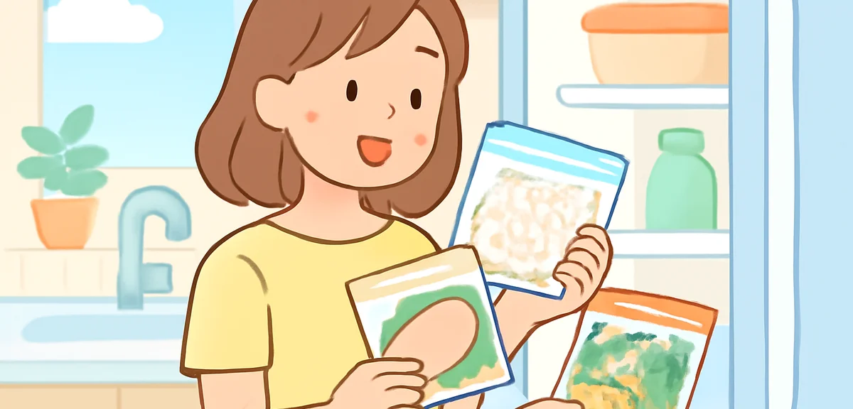 冷蔵庫を開けて、冷凍うどん・サラダチキン・カット野菜などを取り出す手元。涼しげな夏のキッチン