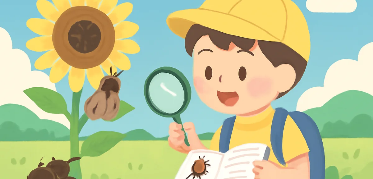 夏の野原でカブトムシやセミ、ヒマワリを観察する小学生のイラスト。ノートに記録を取り、虫めがねを持つ姿。青空と緑が広がる風景
