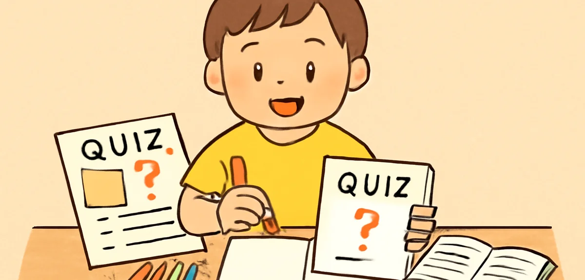 夏休みの自由研究としてクイズノートを作る小学生のイラスト。手作りのクイズ新聞、色鉛筆、調べた本が机に並ぶ学習風景