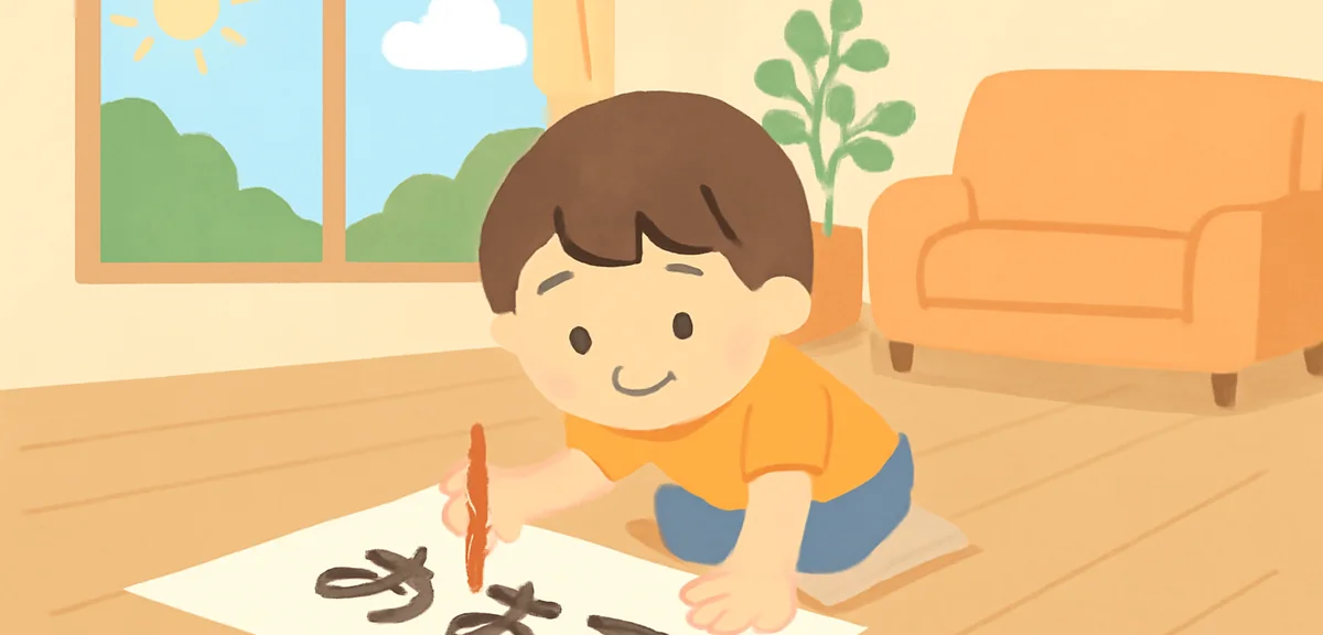小学校低学年の子どもが画用紙に大きな字でめあてを書いている様子、夏の朝、リビング、優しい色合い