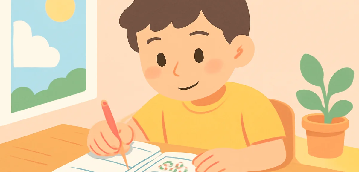 小学校中高学年の児童が学習計画ノートを開いて目標を書き込む手元アップ、夏の午前、明るい机