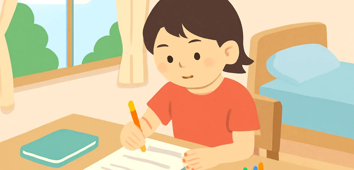 中学生が机に向かい、めあてシートに目標を書いている真剣な表情、夏休み中の自室、自然光