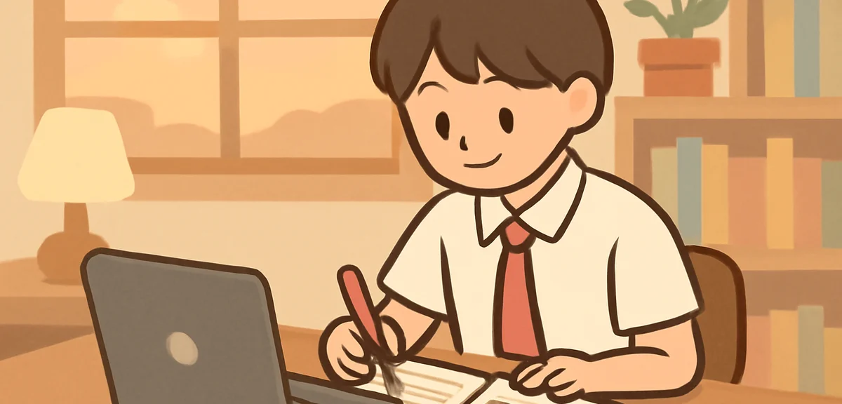 高校生がノートPCとノートを並べ、夏休みの計画と目標を整理している様子、落ち着いた書斎風、夕方の柔らかい光