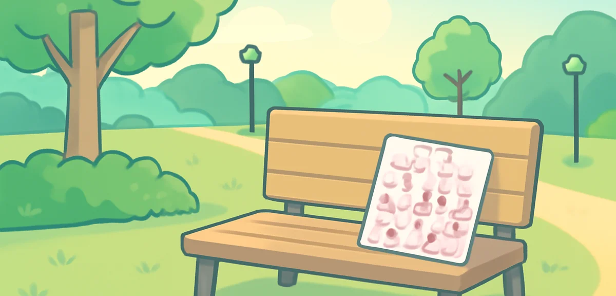 Quiet neighborhood park in summer morning with a faded radio exercise stamp card on a bench, soft su