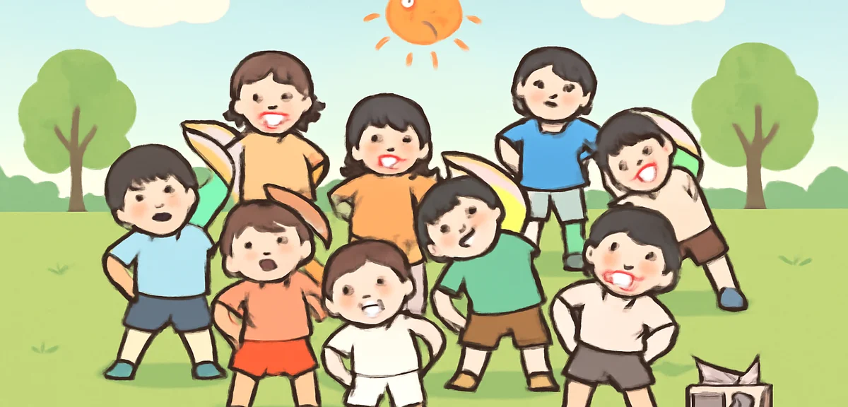 Old black and white style illustration of many children gathered for radio exercises in Showa era su