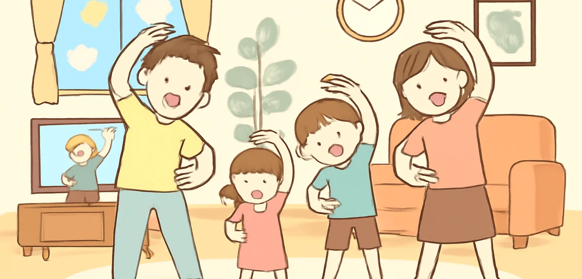A family doing radio exercises at home together watching TV broadcast, modern Japanese living room, 