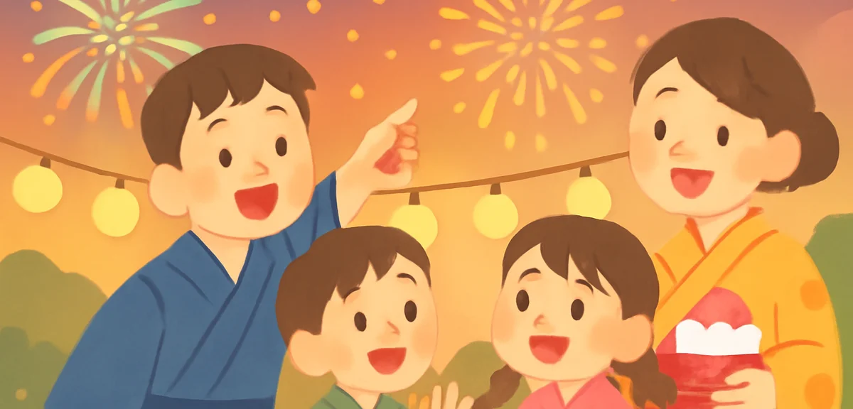 Cheerful Japanese family enjoying summer festival with yukata, fireworks and shaved ice, evening war