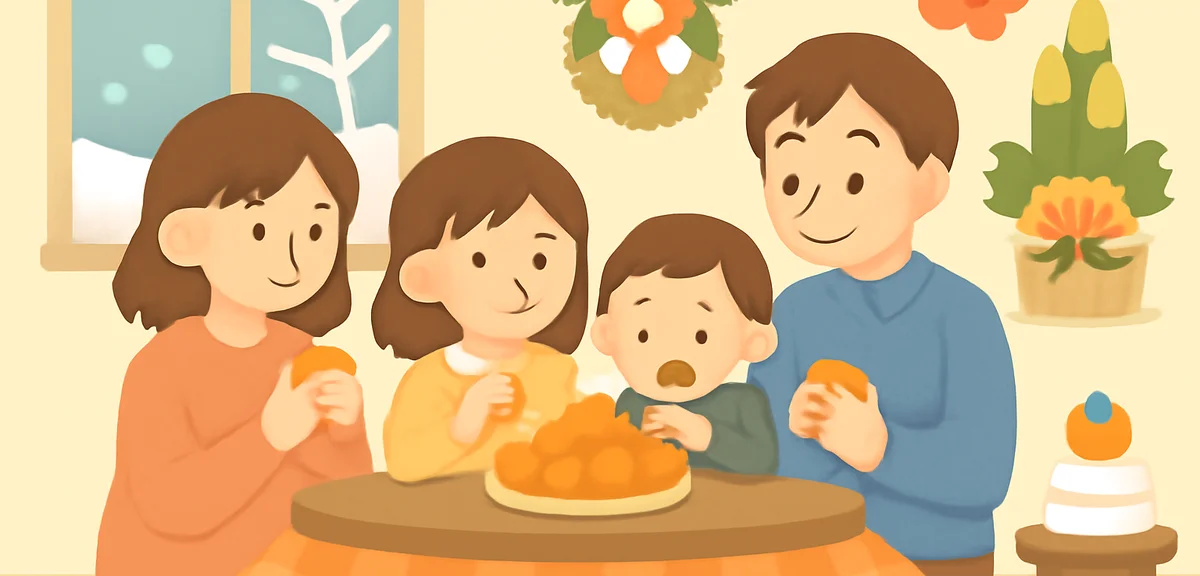 Japanese family gathered around kotatsu during winter vacation, eating mikan, New Year decorations i