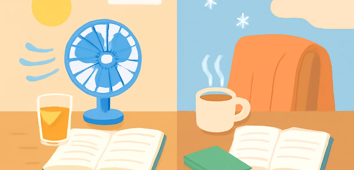 Student desk with study materials, left half summer with electric fan and iced tea, right half winte