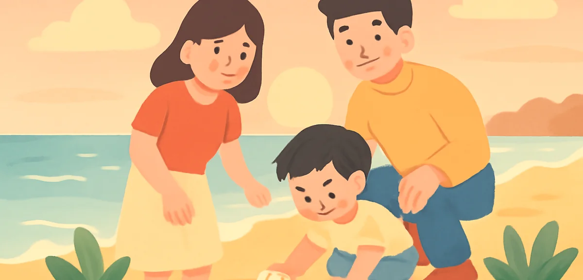 夏休みに家族で海辺を散歩する温かい家族の風景。子どもが貝殻を拾い、両親が見守る様子。柔らかな夕日の光