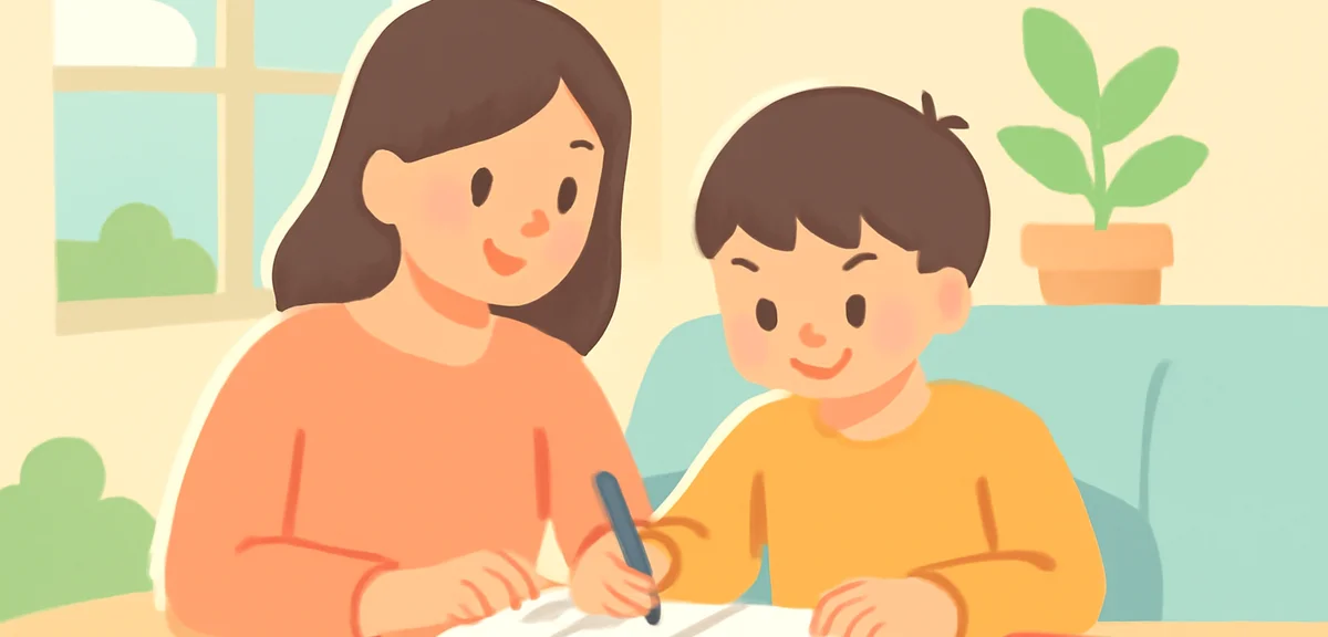 リビングで宿題に向き合う小学生の子どもと、その横でサポートする保護者の様子。穏やかな自然光が差し込む室内