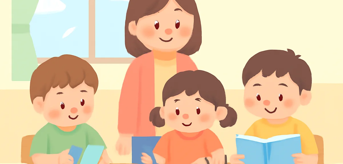 学童保育で複数の子どもたちが工作や読書をしている明るい教室の風景。先生が優しく見守る様子