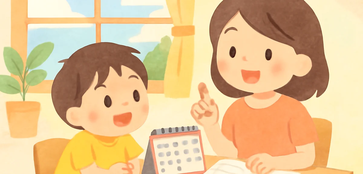 A cheerful illustration of a Japanese parent and child discussing summer vacation plans at a kitchen