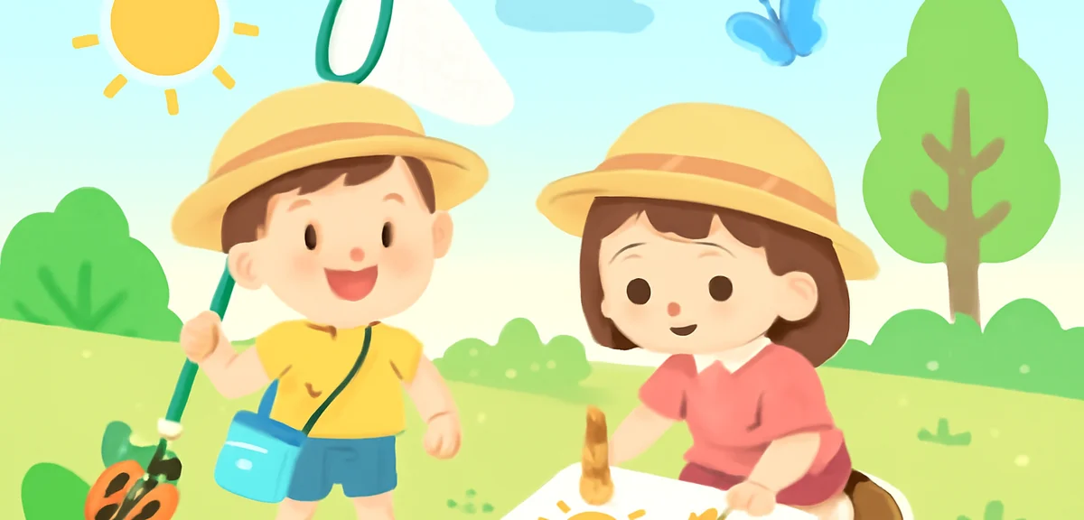 A gentle illustration of Japanese first and second grade elementary school children catching insects