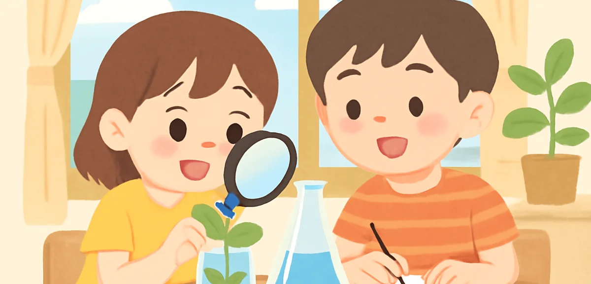 An illustration of Japanese third and fourth grade elementary school children doing a science experi