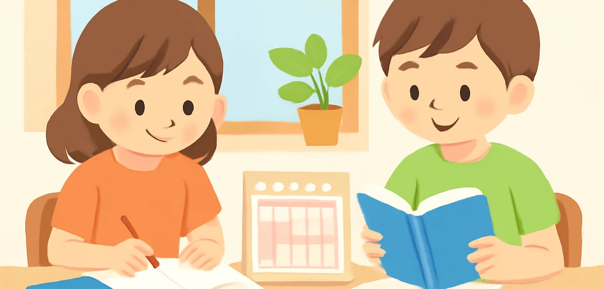 An illustration of Japanese fifth and sixth grade elementary school students studying and reading in