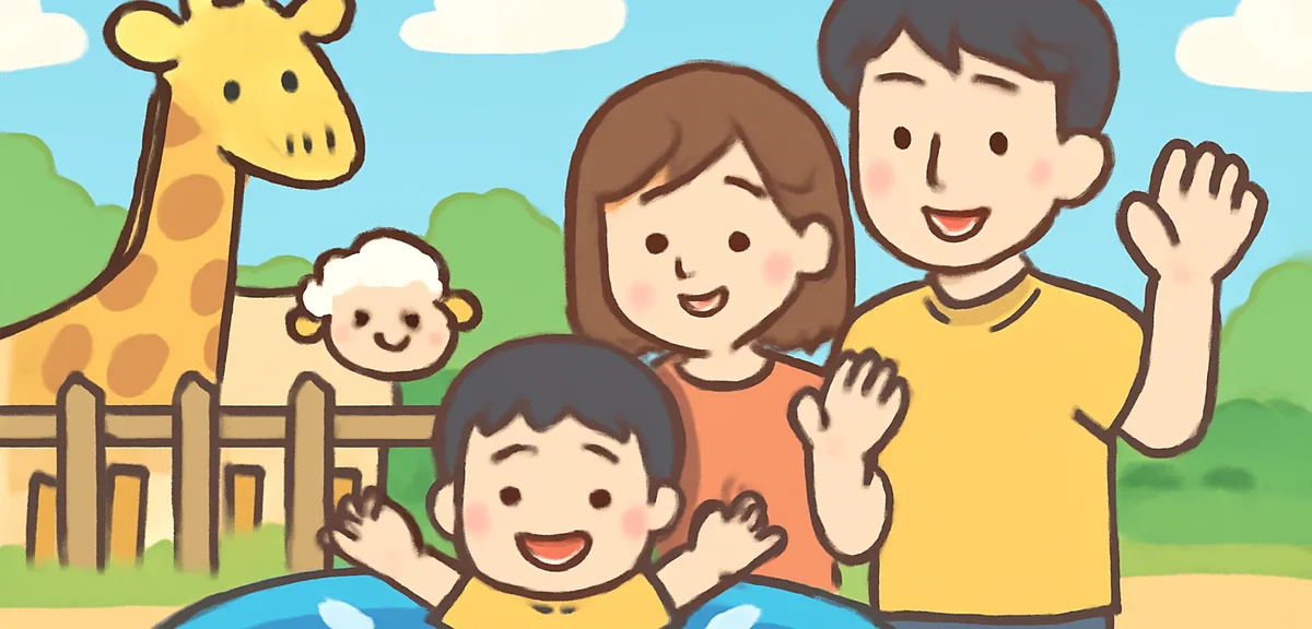 A Japanese family with a preschool child enjoying a small zoo and splash pool in summer, bright chee