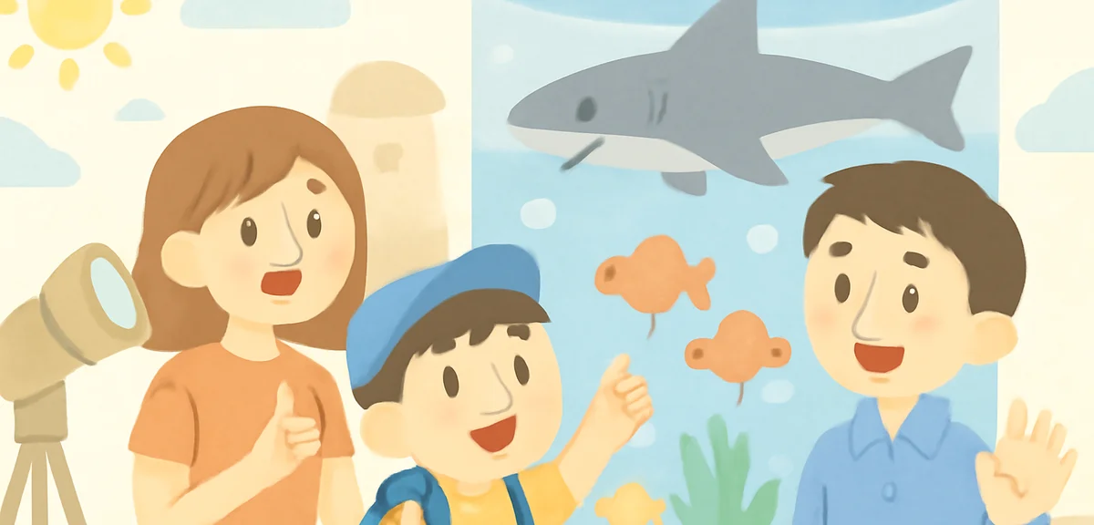 A Japanese family with an elementary school child exploring a science museum and aquarium in summer,
